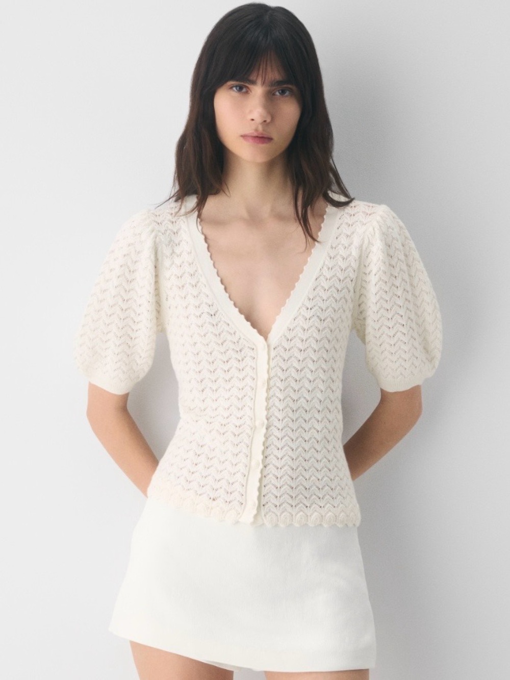 Wilfred, Aritzia Cream Knit Puff-Sleeve Button Cardigan